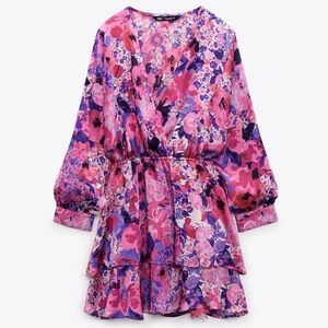 Zara Pink & Purple Floral Wrap-Tier Dress